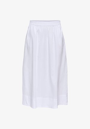 Jupe midi blanche avec taille élastique et tissu lisse, conçue pour un usage décontracté ou formel.