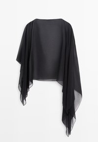 Sort transparent asymmetrisk sjal med flydende stof og spidse kanter, designet til at blive båret over skuldre og overarme.