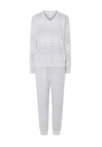 Conjunto de ropa de casa gris que incluye una camiseta de manga larga con cuello en V y patrones de copos de nieve, y unos pantalones a juego con una textura suave y puños elásticos.