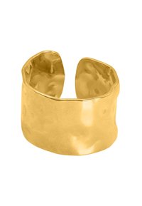 Bracciale in cuff di oro con texture martellata, design aperto e finitura liscia. Presenta bordi curvi e una fascia ampia per un aspetto audace.