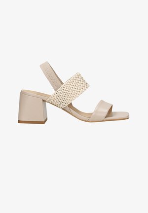 Sandalo con tacco color beige e cinturino superiore intrecciato, con un tacco solido. Design open-toe. Texture liscia con tacco a blocco per maggiore stabilità.