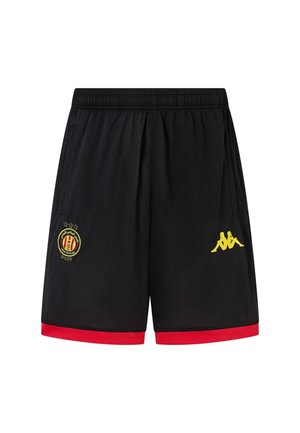 Black sports shorts with red trim, elastic waistband, yellow Kappa logo on right, and a round club badge on left leg.