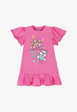 Pink cotton t-shirt dress features short flutter sleeves and a ruffled hem. Front graphic displays two cartoon characters and colorful text.