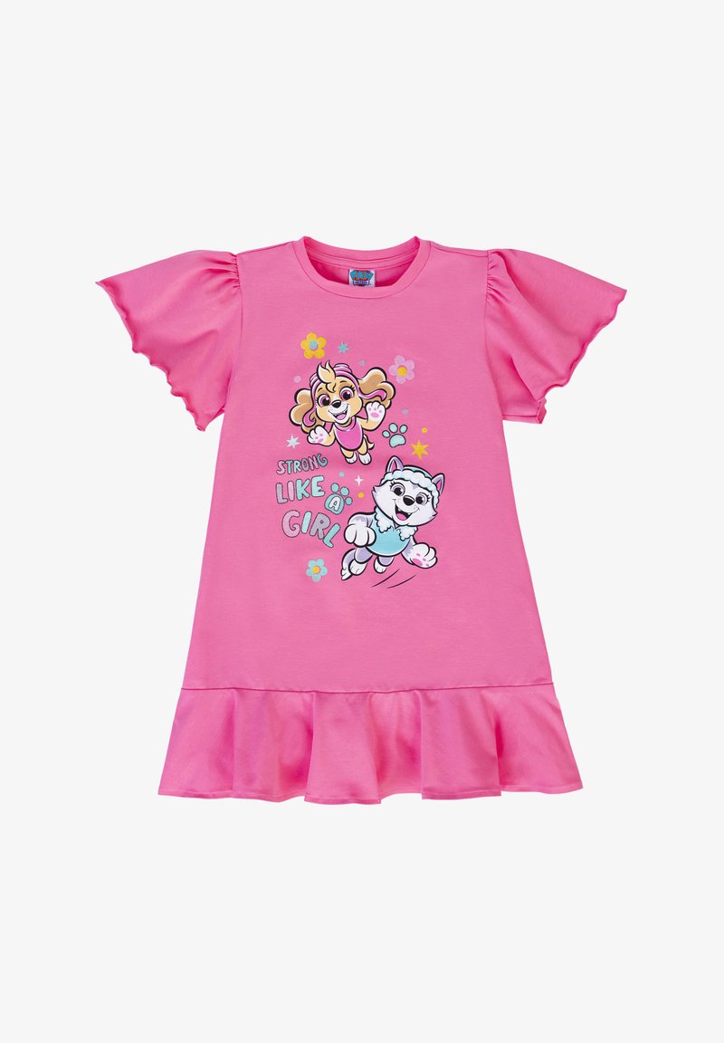 Abito t-shirt in cotone rosa con maniche corte a palloncino e orlo arricciato. La grafica frontale mostra due personaggi dei cartoni animati e un testo colorato.