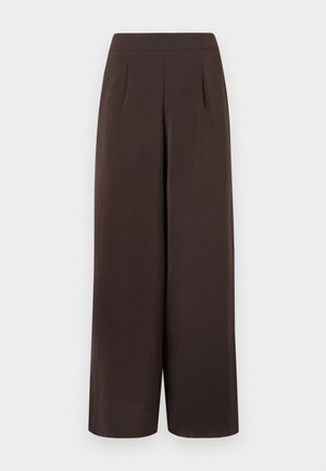 Mørkebrune, høytlivede bukser med vide ben, frontfolder og en glatt midjebånd.