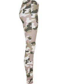 Leggings s camuflažom s kombinacijom bež, zelene i bijele boje; glatka tekstura; visoki struk; detalji na bočnim panelima.