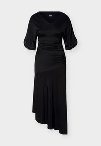 Μαύρο μίντι φόρεμα με V λαιμόκοψη, ζώνη με ραβδώσεις στη μέση, φαρδιές μανίκια μέχρι τον αγκώνα και ασύμμετρο τελείωμα.