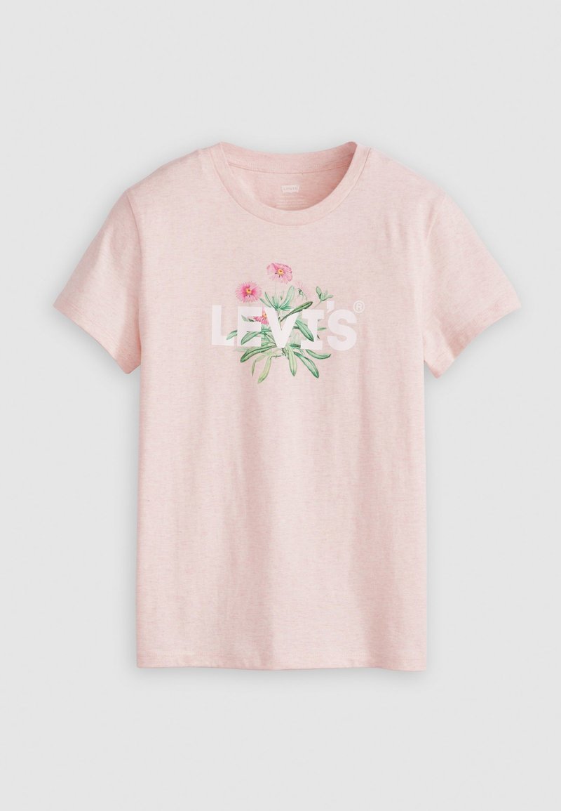 Helles rosas Baumwoll-T-Shirt mit Rundhalsausschnitt. Verfügt über ein florales Design und das Wort "LEVI'S" in fettem weißen Text auf der Vorderseite.