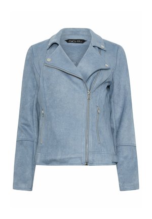 Light blue suede biker jacket with asymmetrical front zipper, wide lapels, silver snap buttons, and zippered side pockets.