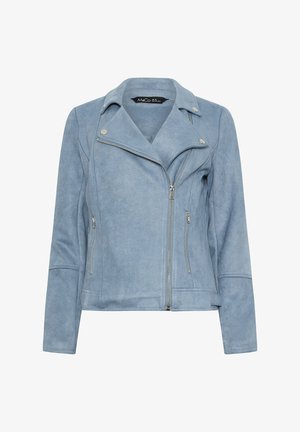 Hellblaue Veloursleder-Bikerjacke mit asymmetrischem Frontreißverschluss, breiten Revers, silbernen Druckknöpfen und zippered Seitentaschen.