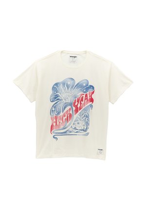 Cremefarbendes Baumwoll-T-Shirt mit Rundhalsausschnitt, das ein blaues und rotes grafisches Design einer Blume und den Text "HECK YEAH" sowie einen Wohnmobil zeigt.
