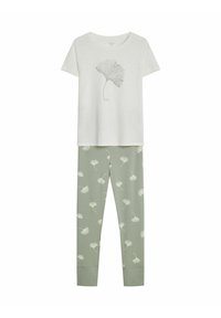 Lightweight cotton pajama set featuring a white short-sleeve shirt with a ginkgo leaf print and green leggings with a similar leaf pattern.