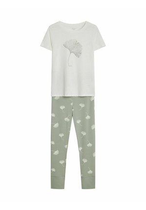 Leichter Baumwoll-Pyjama-Set mit einem weißen T-Shirt mit kurzen Ärmeln und einem Ginkgo-Blatt-Muster sowie einer grünen Leggings mit einem ähnlichen Blattmuster.