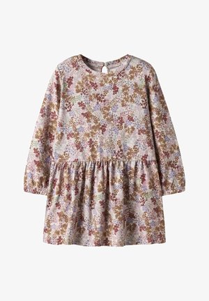 Haljina za malu djecu s dugim rukavima, nabrana u struku, s cvjetnim uzorkom u prigušenim nijansama ružičaste, smeđe, lavande i zelene na svijetloj podlozi.