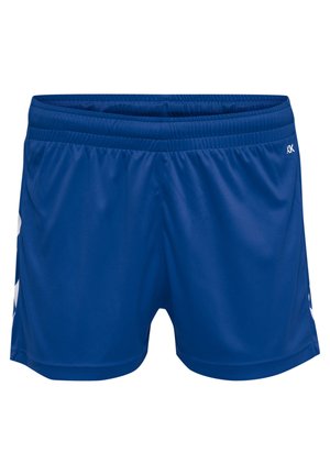 Blauwe sportshorts van glad, lichtgewicht materiaal met een elastische tailleband. Heeft witte accenten aan de zijkanten.