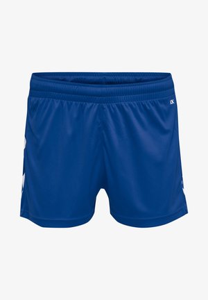 Shorts de sport bleus en tissu lisse et léger avec une ceinture élastique. Présente des accents blancs sur les côtés.