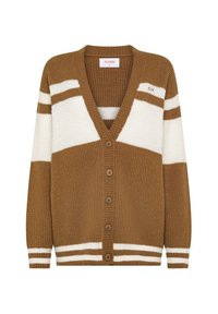 Cardigan a righe marroni e bianche con scollatura a V, tessuto a coste, cinque bottoni lungo la parte anteriore e righe a contrasto sui polsini e sull'orlo.