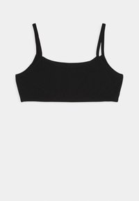 Svart, sømløs bralette med tynne stropper, laget av myk stoff. Har en enkel, avrundet halslinje og en glatt tekstur.