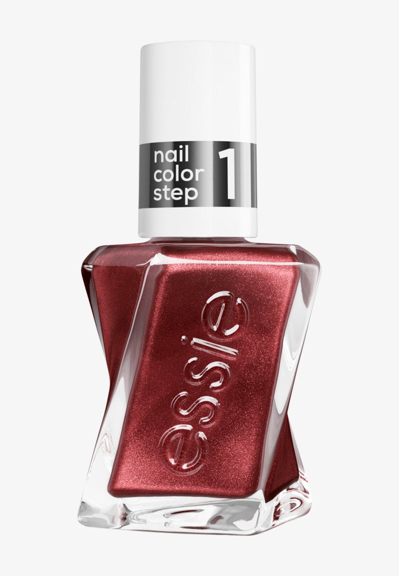 Red metallic nail polish bottle with twisted square glass and white cap labeled "nail color step 1" by Essie.