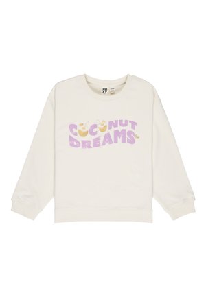 Ecru bluza z prążkowanymi ściągaczami i napisem "Coconut Dreams" w kolorze fioletowym oraz złotymi grafikami kokosa na przodzie.