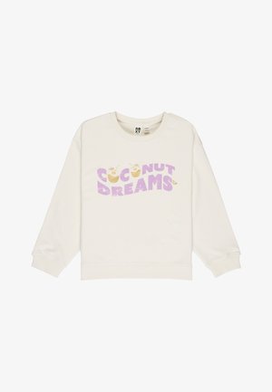 Off-White Sweatshirt mit gerippten Bündchen und "Coconut Dreams"-Text in Lila sowie goldenen Kokosnuss-Grafiken auf der Vorderseite.