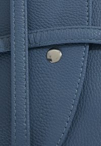 Borsa a tracolla in pelle blu testurizzata con chiusura a scatto metallica e dettagli cuciti, caratterizzata da un design strutturato e spallacci piatti.