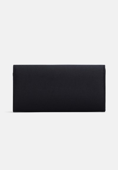 Pochette rectangulaire noire avec une texture lisse, montrée fermée sur un fond clair uni.