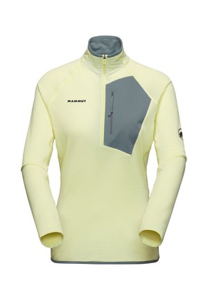 Geel lange mouwen half-zip pullover met een grijze borstzak, textuurstof, platte naden en logo aan de linkerzijde.