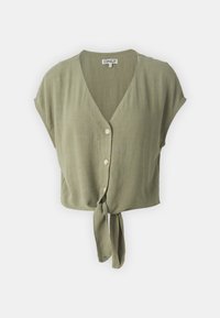 Blusa corta verde oliva con scollatura a V, maniche a cappuccio corte, chiusura frontale con bottoni e dettaglio a fiocco all'orlo. Finitura in tessuto texturizzato.