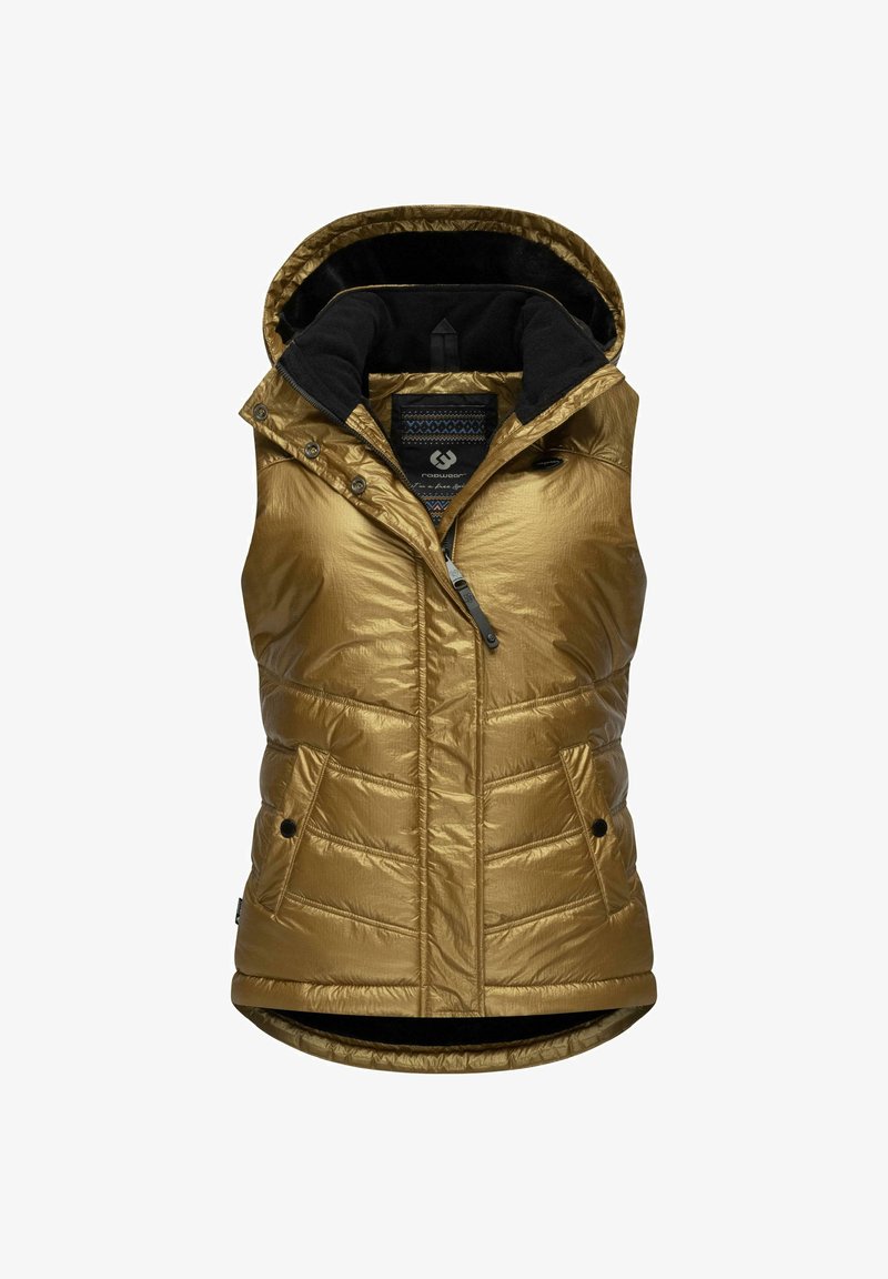 Auksinė pūkuota liemenė su juoda kapu, paminkštinta konstrukcija, priekinis užtrauktukas ir spaudimo kišenės. Turi tekstūrinį paviršių ir reguliuojamą kapą.