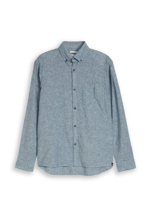 Herren Langarm hellblaues Hemd mit Knopfleiste, Button-Down-Kragen und Brusttasche, flach auf weißem Hintergrund dargestellt.
