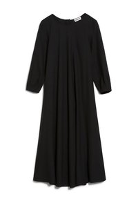 Zwarte jurk van zachte stof, met een ronde halslijn, driekwart mouwen en een flared silhouet met plooien.