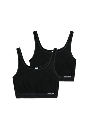 Schwarze Baumwoll-Bralettes mit breiten Trägern und nahtlosem Design, ausgestattet mit einem Markenband entlang des unteren Randes für zusätzliche Details.