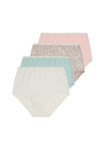 Quattro paia di slip in cotone femminile di colore bianco, rosa, blu chiaro e marrone con un motivo a macchie, dotati di morbidi cinturini elasticizzati.