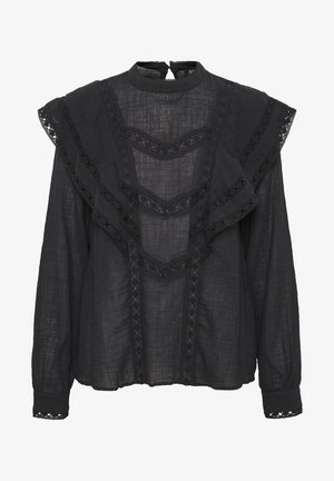 Czarna, długorękawowa bluzka z przezroczystej tkaniny. Posiada falbanki na ramionach, misterną koronkową lamówkę oraz wysoki kołnierz.