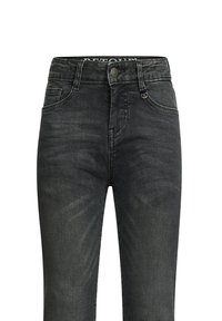 Schwarze Jeans aus Denim mit einem leicht verblassten Finish, ausgestattet mit einem Knopfverschluss, Gürtelschlaufen und klassischem Fünf-Taschen-Design.