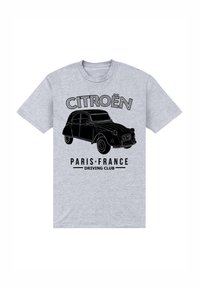 Maglietta grigia con un'illustrazione a contorno nero di un'auto Citroën, con il testo "CITROËN PARIGI • FRANCIA DRIVING CLUB" sopra.