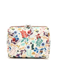 Puzdro s kvetinovým vzorom na krémovom pozadí, so množstvom farebných listov a kvetov, so zipsom so striebornou kovovou časťou, obdĺžnikový tvar.