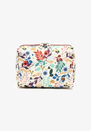 Blumenmuster-Beutel mit cremefarbenem Hintergrund, ausgestattet mit mehrfarbigen Blättern und Blumen, mit Reißverschluss und silbernem Beschlag, rechteckige Form.