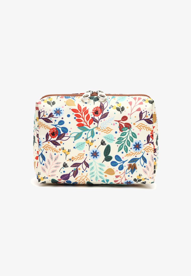 Puzdro s kvetinovým vzorom na krémovom pozadí, so množstvom farebných listov a kvetov, so zipsom so striebornou kovovou časťou, obdĺžnikový tvar.