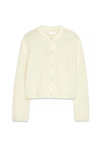 Cream-colored knitted cardigan with long sleeves, round neck, and front buttons, laid flat on a white background.