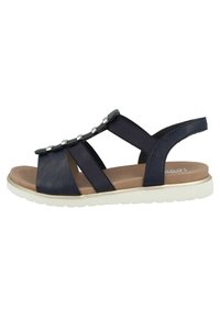 Navy blue sandal with elastic straps and decorative silver accents. Features a cushioned insole and lightweight white rubber sole.