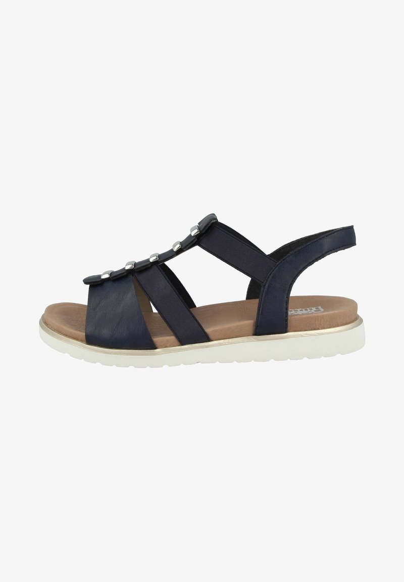 Navy blue sandal with elastic straps and decorative silver accents. Features a cushioned insole and lightweight white rubber sole.