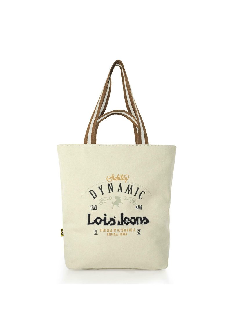 Bolsa de lona de algodón en color crema con asas marrones. Presenta texto impreso "Lois Jeans" y gráficos. Forma rectangular, diseño simple.