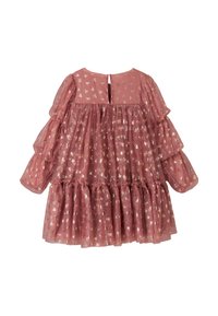 Różowa sukienka z tiulu z złotymi gwiazdkami, długimi bufkami i falbaną u dołu. Zapinana z tyłu na mały guzik.