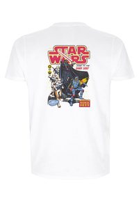 Bílý bavlněný tričko s barevným potiskem postav z Hvězdných válek, s výrazným textem a designem ve stylu komiksu na zadní straně.