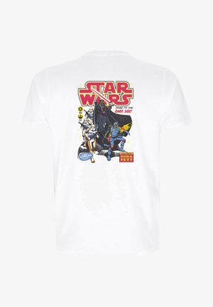 T-shirt bianca in cotone con una stampa grafica colorata di personaggi di Star Wars, con un testo in grassetto e un design in stile fumetto sul retro.