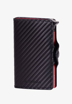 Black carbon fiber wallet with a textured surface, featuring a streamlined design and a visible red card slot on the side.