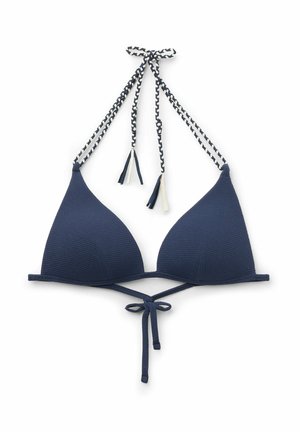 Navy blue triangular bikini top with textured fabric, adjustable braided straps, and decorative tassels. Ties at the back and neck.