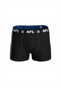Boxer briefs para hombres negros con cinturilla elástica que presenta un patrón repetido del logo de la NFL y texto, con un forro interno de cinturilla azul visible.